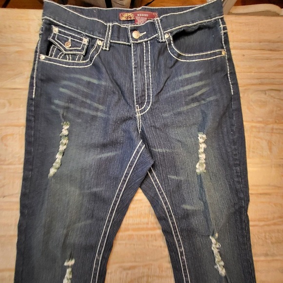 Nesso Denim Jeans Womens Sz 14 Thick Stitching Blue Dark Wash Distressed Stretch - Picture 2 of 10